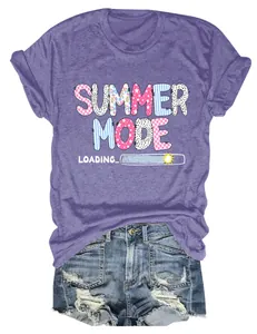Close-up detail of purple women's T-shirt featuring 'Summer Mode Loading' graphic