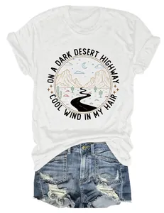 T-shirt blanc à col rond pour femme avec motif désert vintage et paroles