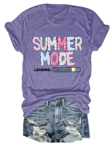 Close-up detail of women's purple crew neck t-shirt with Summer Mode Loading print