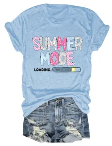 Detail view of light blue Summer Mode Loading graphic t-shirt with heathered texture