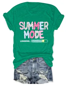 Detailed view of 'SUMMER MODE LOADING' print on a vibrant green women's cotton t-shirt