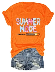 Detailed look at vibrant orange T-shirt featuring catchy Summer Mode Loading print design