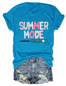 Casual blue T-shirt with 'Summer Mode' graphic paired with distressed denim shorts