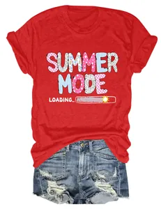 Red casual T-shirt featuring 'Summer Mode Loading' graphic print and denim shorts
