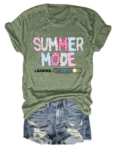 Casual women's olive green t-shirt with Summer Mode Loading graphic and denim shorts