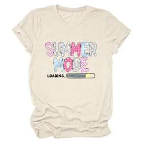 Detailed view of the Summer Mode Loading graphic print on a beige women's cotton t-shirt