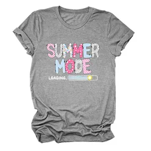 Detailed graphic print of Summer Mode Loading on a gray women's casual cotton T-shirt