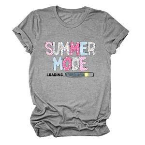 Casual grey women's round neck T-shirt featuring 'Summer Mode Loading' graphic print