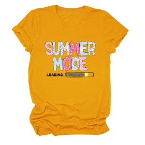 Detailed view of yellow women's short sleeve T-shirt with Summer Mode Loading print