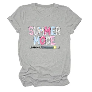 Casual grey crew neck t-shirt featuring a colorful 'Summer Mode Loading' graphic print