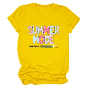 Detailed view of the vibrant Summer Mode Loading print on a yellow women's cotton t-shirt
