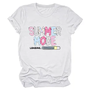 Detailed view of the colorful 'SUMMER MODE LOADING' graphic print on a white T-shirt.