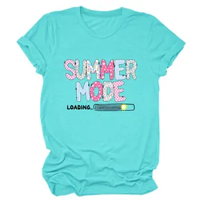 Turquoise women's short sleeve T-shirt with "Summer Mode Loading" graphic print.