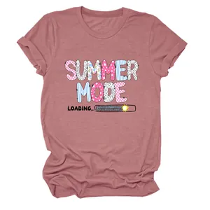 Close-up of Summer Mode Loading graphic on mauve cotton t-shirt with crew neck.
