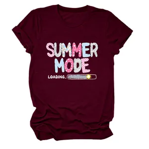 Maroon ladies crew neck cotton T-shirt featuring a colorful Summer Mode Loading print.
