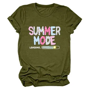 Macro view of olive green women's casual T-shirt with Summer Mode Loading print