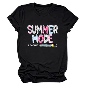 Detail of women's black T-shirt with colorful Summer Mode Loading graphic print