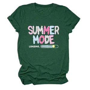 Detail view of Summer Mode Loading print on dark green women's crew neck T-shirt