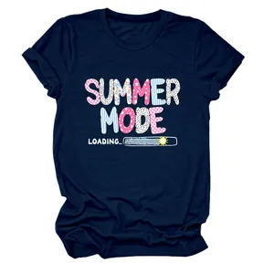Close-up of navy blue T-shirt featuring 'Summer Mode Loading' graphic print