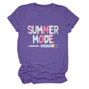 Close-up of 'Summer Mode Loading' colorful patchwork print on purple T-shirt