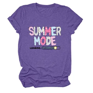 Stylish purple women's T-shirt with colorful 'Summer Mode Loading' graphic print.