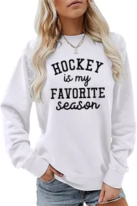 Close-up of white sweatshirt with Hockey Is My Favorite Season letter print.