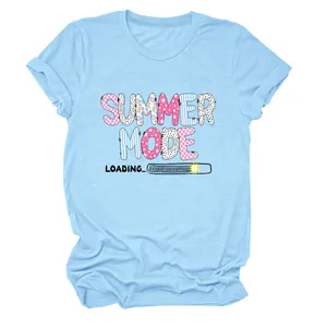 Close-up of 'Summer Mode Loading' graphic print on light blue women's cotton t-shirt