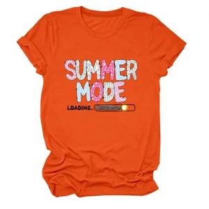 Close-up of bright orange crew neck T-shirt with Summer Mode Loading graphic print