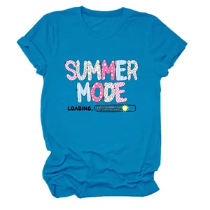 Cyan blue women's round neck T-shirt with 'Summer Mode Loading' graphic print
