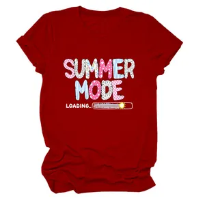 Detail of "SUMMER MODE" graphic print on a red women's short-sleeved T-shirt.