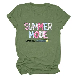 Women's green crew neck short sleeve T-shirt with Summer Mode Loading print design