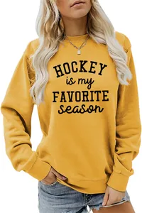 Mustard yellow sweatshirt featuring Hockey Is My Favorite Season text print for women