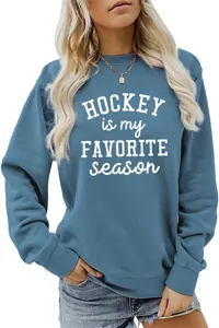 Casual blue sweatshirt featuring white Hockey Is My Favorite Season letter print design