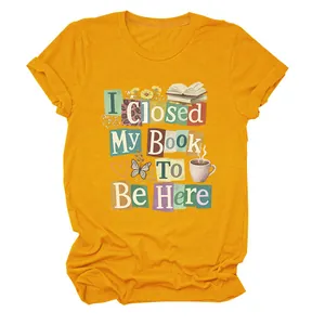 Detailed view of the creative text print on a yellow crewneck short sleeve T-shirt