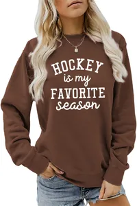 Brown sweatshirt with 'Hockey is my favorite season' letter print for casual wear