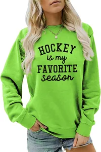 Close-up of lime green sweatshirt with Hockey Is My Favorite Season print