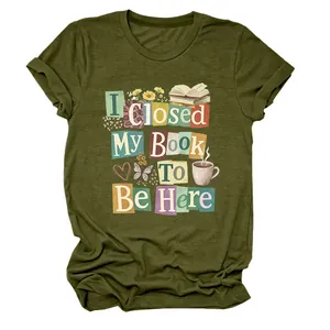Detail view of 'I Closed My Book To Be Here' graphic on olive green women's tee