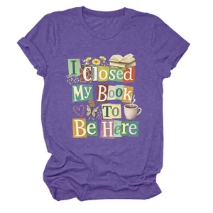 Detailed view of the purple crew neck t-shirt featuring I Closed My Book To Be Here text