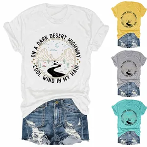 T-Shirt Décontracté en Coton pour Femmes Imprimé Graphique Autoroute du Désert Col Rond Manches Courtes Coupe Ample Style Rétro