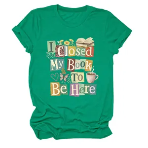 Detailed view of the comfortable green women's T-shirt with literary graphic print