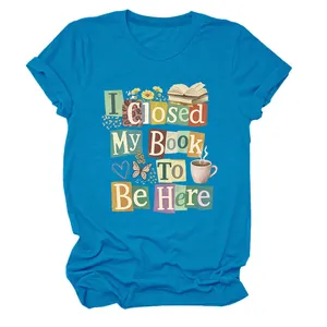 Detail of blue crew neck t-shirt with 'I Closed My Book To Be Here' graphic print