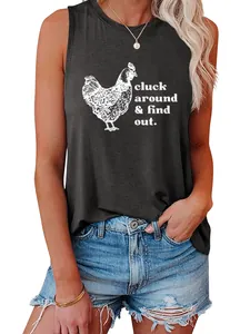 Close-up of women's sleeveless tank top featuring 'cluck around' chicken graphic