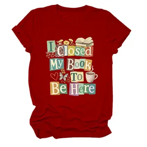 Close-up detail of literary graphic print on dark red short sleeve cotton t-shirt for women