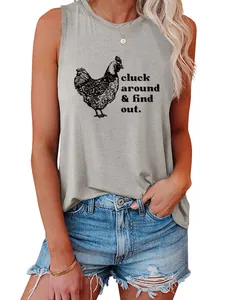 Detail of gray sleeveless tank top with chicken print and cluck around text graphic