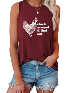 Detailed view of maroon tank top featuring 'cluck around & find out' chicken print.