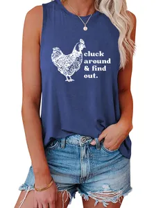 Stylish women's navy blue sleeveless tank top featuring a funny chicken graphic print
