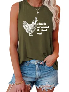 Casual olive green sleeveless tank top featuring cluck around and find out slogan print