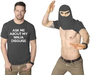 Creative men's dark grey t-shirt showing the flip-up ninja mask disguise detail feature