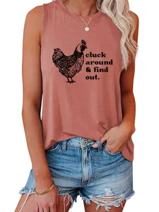 Close-up of rust red sleeveless tee with Cluck Around Find Out chicken graphic