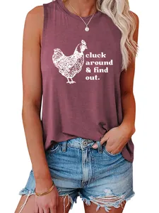Detail shot of a maroon sleeveless tank top with cluck around & find out print.